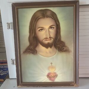 Vintage Sacred Heart Of Jesus Framed 17"By 12" Printed In Italy